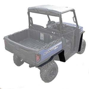 A detailed image depicting the Max Coverage Fender Flares from MudBusters, impeccably installed on a Polaris Ranger SP 570. The image highlights the flares' broad coverage and sturdy architecture, effectively providing upper-tier protection against off-road splash and debris, while enhancing the vehicle's robust visuals