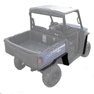 Picture of the Polaris Ranger SP 570 Midsize equipped with Max Coverage Fender Flares from MudBusters. The image displays the fender flares' extensive protection against off-road debris and their seamless integration into the vehicle's design, enhancing both its performance and visual appeal