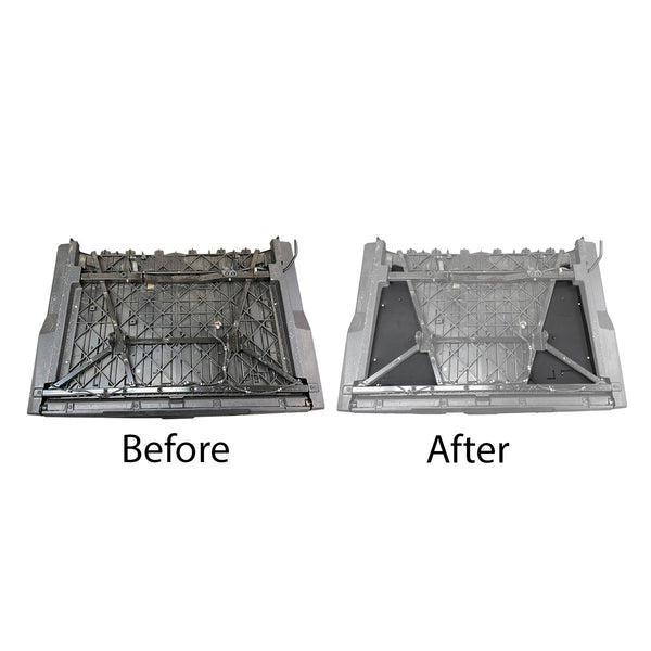 An image portraying a before and after comparison of a Polaris Ranger SP570 dump bed with newly installed protective panels designed to block mud from getting under the Ranger's dump bed. The clear difference showcases the panels' efficacy in maintaining cleanliness and preventing mud accumulation.