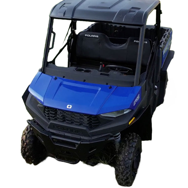 Image highlighting the Super Max Coverage Fender Flares from MudBusters on a Polaris Ranger SP 570. The comprehensive protection they provide against mud, debris, and the elements underscores the vehicle's formidable off-roading capabilities.