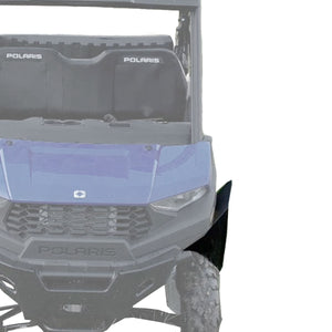 Picture displaying the Front Fender Flares SuperMax by MudBusters installed on a Polaris Ranger SP 570, demonstrating their robust architecture and extensive protection against mud and debris, thus amplifying the all-terrain capabilities of the vehicle.