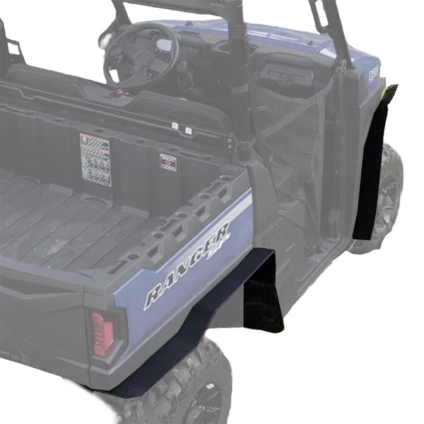 Rear view image featuring the Max Coverage Fender Flares from MudBusters on a Polaris Ranger SP 570, emphasizing their strong protection against mud and debris along with the wide-reaching coverage that bolsters the vehicle's off-road performance and appearance.