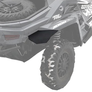 Image displaying the MudBusters 4-piece Mud-Lite Kit, demonstrating efficient protection against mud and debris on a 2018-2023 Arctic Cat Wildcat XX, with particular emphasis on the rear fender flares extending above the tires.