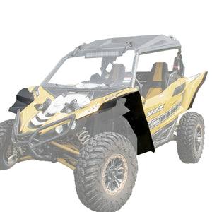 Yellow Yamaha YXZ with MudBusters Fender Flares on a white background