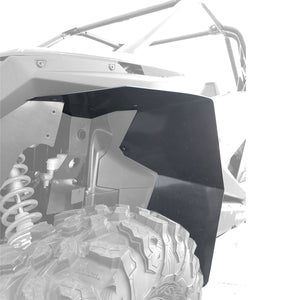 Polaris RZR Pro XP Fender Flares Max Coverage fits  2 and 4 Seaters, image shows front installation and coverage