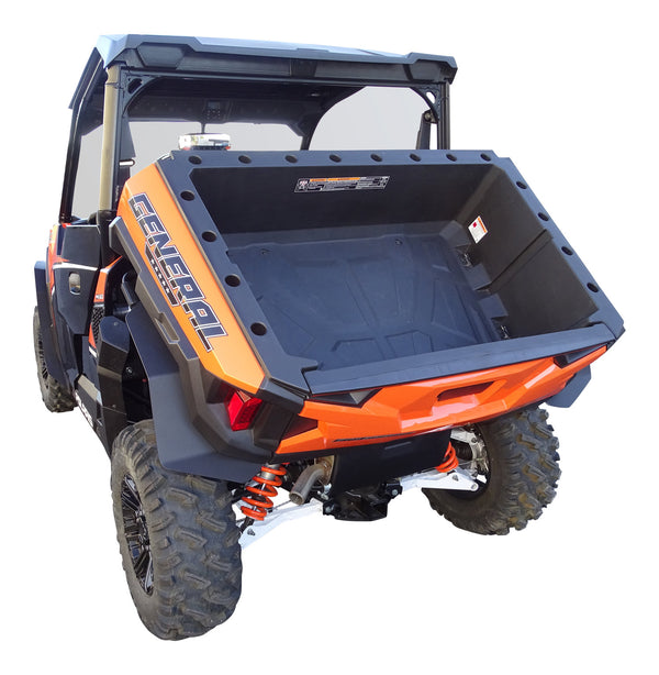 Polaris General 1000 Fender Flares (2016 - 2021), Installed, view dump bed lifted, with rear coverage shown