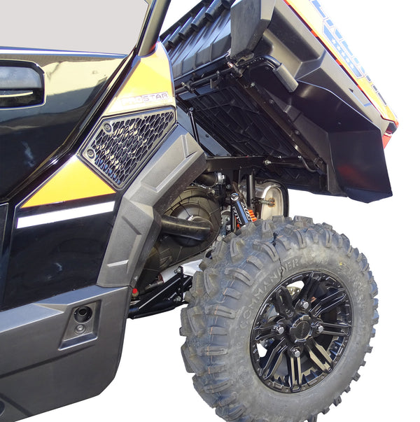 Polaris General 1000 Fender Flares (2016 - 2021), view of flare installed on the rear with the dump bed raised.