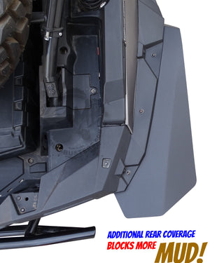 Polaris RZR XP 1000 and XP Turbo Max Coverage rear fender flare installed looking down at coverage to see additional width