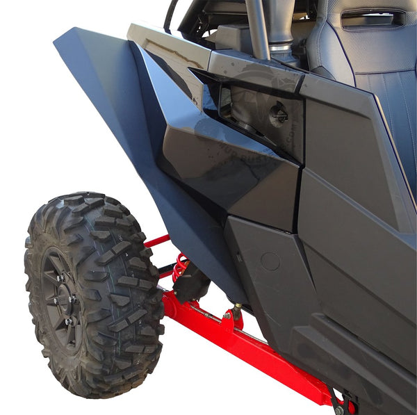 MudBuster Fender Flares installed on a Polaris RZR RS1, view looking at back rear.