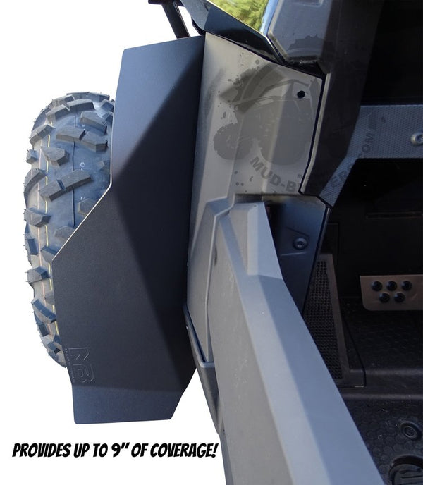 MudBuster Fender Flares installed on a Polaris RZR RS1, view showing up to 9 inches of coverage