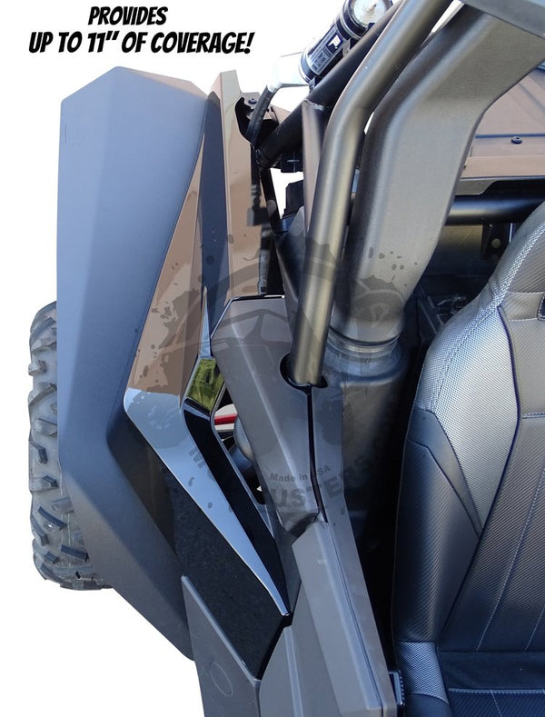 MudBuster Fender Flares installed on a Polaris RZR RS1, view showing where the 11 inches of coverage starts and ends. 