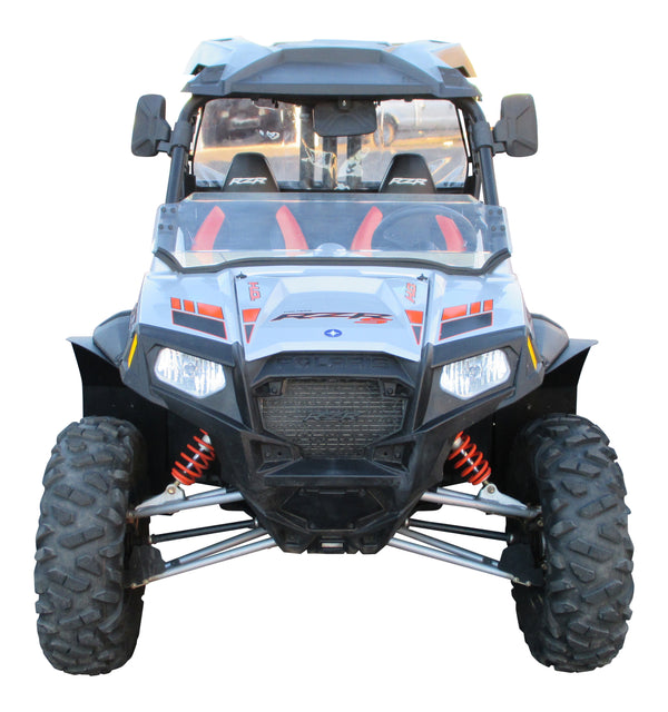 MudBusters Fender Flares installed on Polaris RZR 800 S Extended for model years 2009 - 2014, view from front of UTV