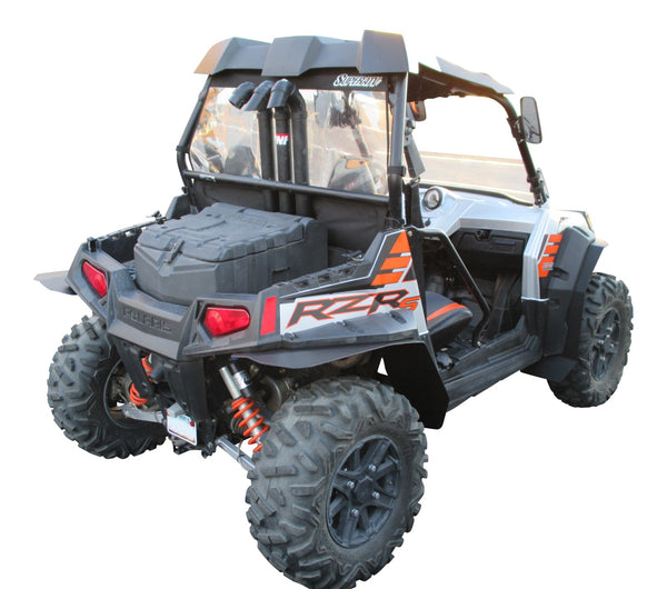 MudBusters Fender Flares installed on Polaris RZR 800 S Extended for model years 2009 - 2014, viewed from passenger side