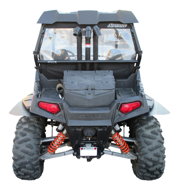 MudBusters Fender Flares installed on Polaris RZR 800 S Extended for model years 2009 - 2014, viewed coverage facing front of UTV