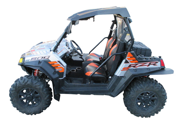 MudBusters Fender Flares installed on Polaris RZR 800 S Extended for model years 2009 - 2014. viewed looking at drivers side 