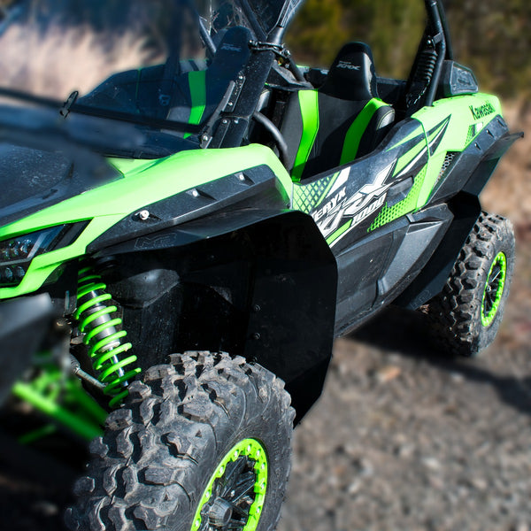 Kawasaki Teryx KRX 1000 Super Max Coverage Fender Flares installed on drivers side front and rear, showing the added coverage. 