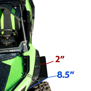 MudBusters Max Coverage Fender Flares for the Kawasaki Teryx KRX 1000. View is looking at the drivers side of the UTV front fender flare. includes measurements from front edge of flare against fender for 8.5 inches of coverage, and mid point  it is 2" from the stock fender