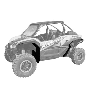 MudBusters Max Coverage Fender Flares for the Kawasaki Teryx KRX 1000. View is looking at the drivers side of the UTV with the front and back fender flares installed