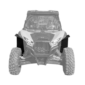 MudBusters Max Coverage Fender Flares for the Kawasaki Teryx KRX 1000. View is looking directly at the front of the UTV with the front passenger and driver side fender flares installed