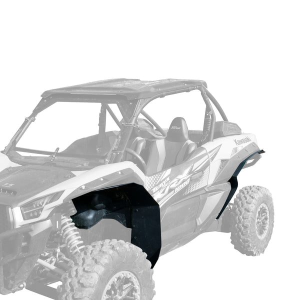 MudBuster Front and Rear Fender Flare with mudlite coverage installed on the KAwasaki Teryx KRX 1000 from driver side point of view. 