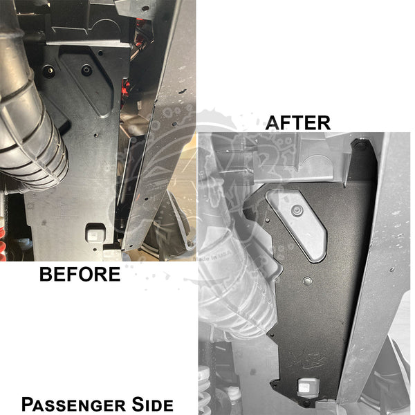 RZR Pro XP before mudguards are installed and after on the passenger side.  