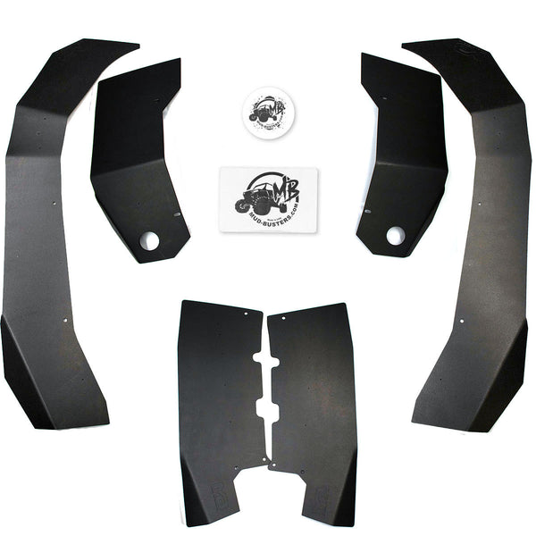 Yamaha Wolverine RMAX2 1000 Super Max Coverage Mudbusters fender flares broken out in the kit, 6 plastic parts, 1 hardware kit, and 1 sticker. 