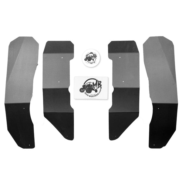 MudBusters Fender Flares for Polaris RZR 800 S Extended for model years 2009 - 2014, shows kit flat on white background.  Includes 2 front flares, 2 rear flares , 1 sticker, and 1 hardware kit. 