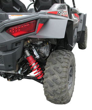 Polaris RZR S 900, RZR 900 XC , RZR 4 900, and RZR S 1000 Fender Flares installed viewed from the rear