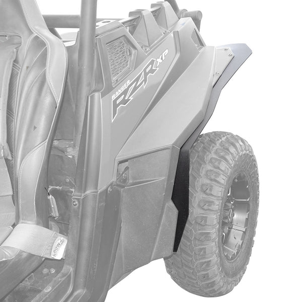 Polaris RZR XP 900 Fender Flares for years 2011-2014 models. Showing installed on rear driver side