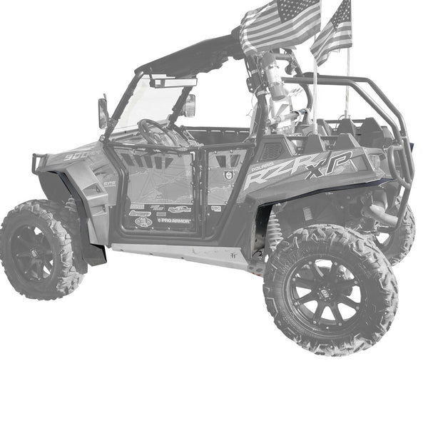 Polaris RZR XP 900 Fender Flares for years 2011-2014 models. Showing installed on drivers side front and rears