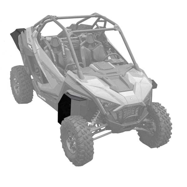 View from top of Polaris 2020 Pro XP, visible are the fender extensions for Super ATV Fenders with mud lite coverage. installed on the passenger side rear and front