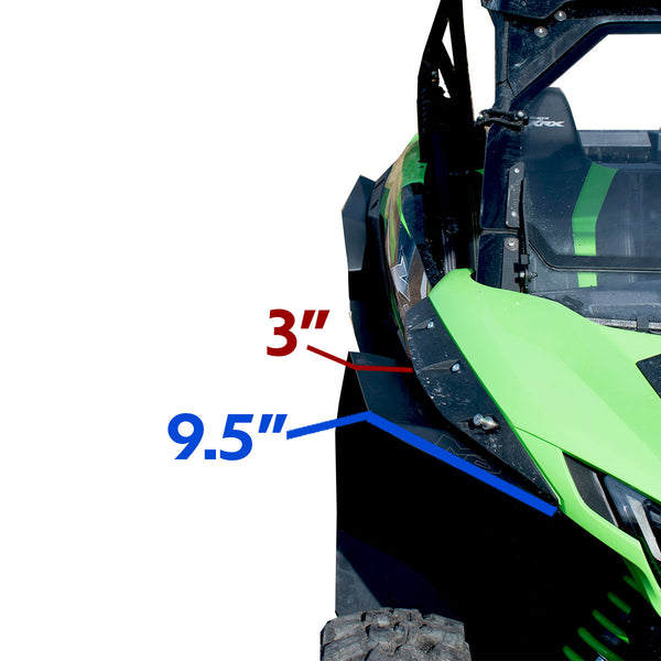 Kawasaki Teryx KRX 1000 Super Max Coverage Front Fender Flare  with measurements showing extension,  of 9.5 inches, tapering to 3 inches. 