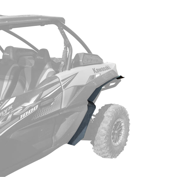 Kawasaki Teryx KRX 1000 Super Max Coverage Fender Flares installed on the rear drivers side, showing the added coverage