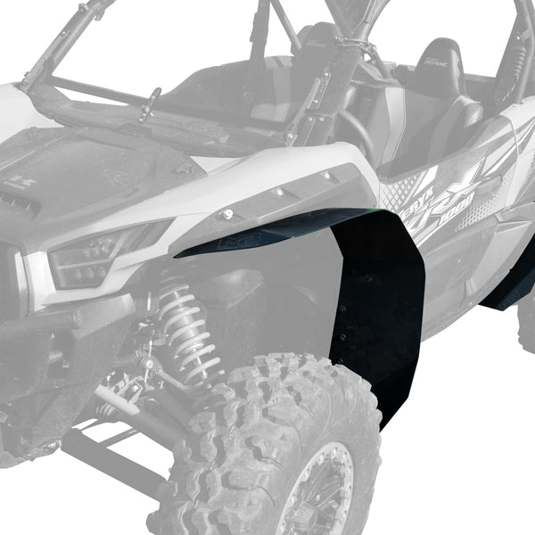 Kawasaki Teryx KRX 1000 Super Max Coverage Fender Flare installed on drivers side front,  showing the added coverage