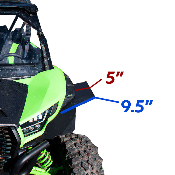 Kawasaki Teryx KRX 1000 Ultra Max Coverage Wide Fender Flare on front driver side.  It shows 9.5 inches off the front, and 5 inches off the top of the stock fender