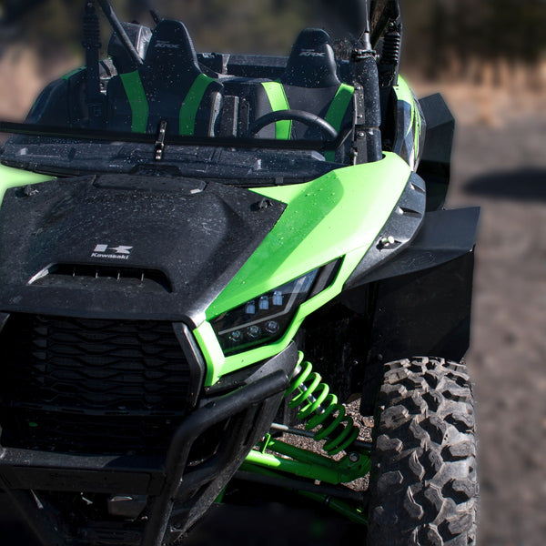 Ultra Max Coverage, wide fender flare shown installed on front Driver side of the Kawasaki Teryx KRX 1000.