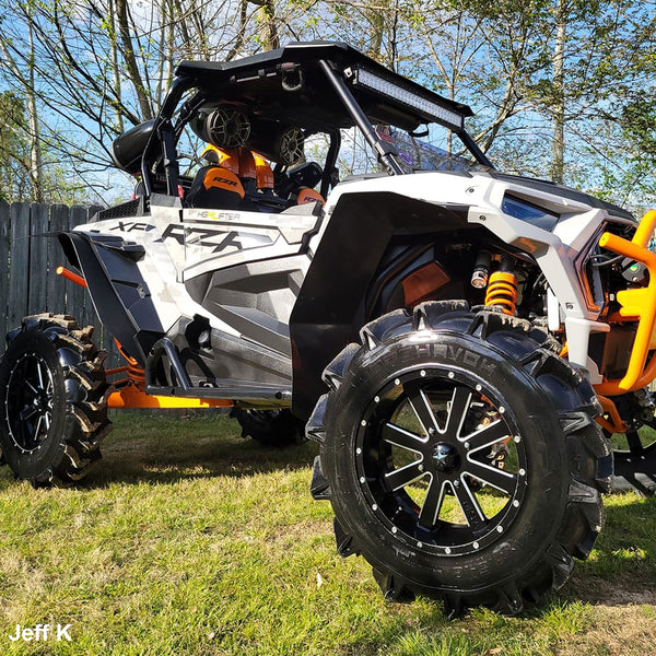 Polaris RZR XP 1000 and XP Turbo Max Coverage front  and rear fender flares installed on passenger side. 