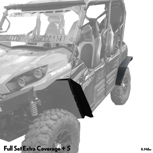 Kawasaki Teryx 4 Fender front and rear driver side fender Flares  with 5 plus inches of extra coverage installed. 