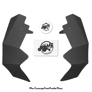 Polaris RZR Pro XP Fender Flares Max Coverage with additional 1 inch fits  2 and 4 Seaters, image shows kit broken out with 2 rear fender flares, 1 hardware kit and 1 sticker. 
