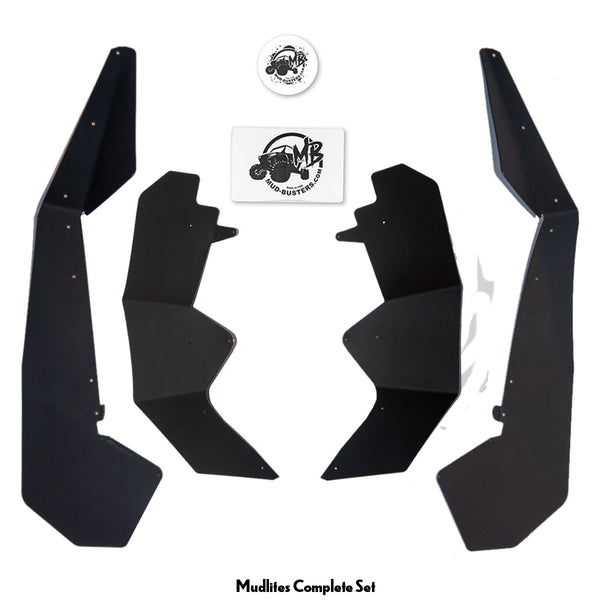 MudBusters  Fender Flares Kit-Mudlite  for Polaris RZR Pro XP 2 and 4 Seater. Shows 2 front fenders, 2 rear fenders,  sticker and hardware kit