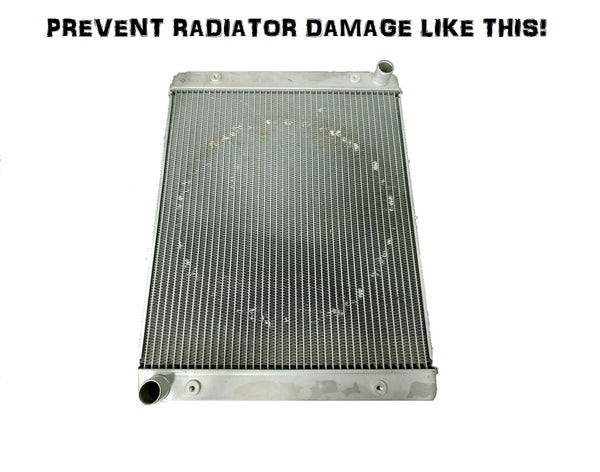 Example of a radiator damaged because a Polaris RZR Radiator protection plan was not used. 