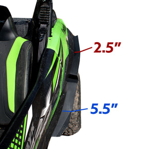 MudBusters Max Coverage Fender Flares for the Kawasaki Teryx KRX 1000. View is looking at the drivers side of the UTV rear fender flare. Includes measurements from front edge of flare against fender for 5.5 inches of coverage, and mid-point it is 2.5" from the stock fender