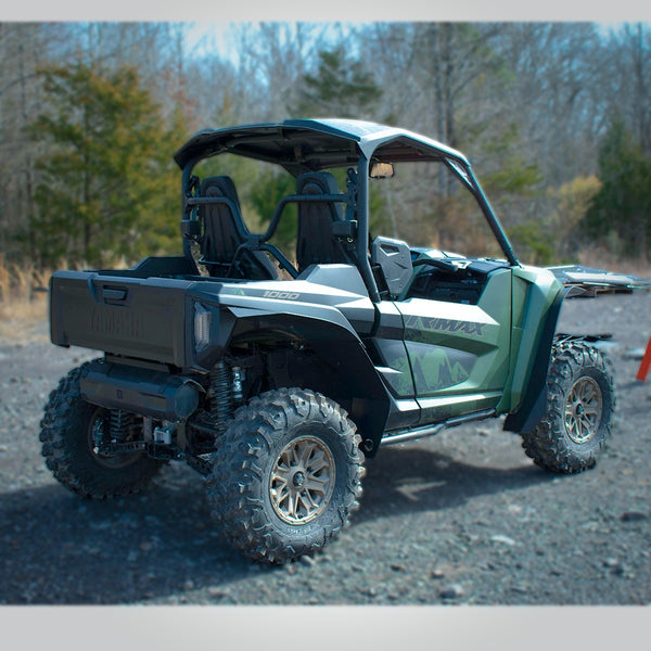 Yamaha Wolverine RMAX2 1000 Super Max Coverage Mudbusters  installed front and rear looking at passenger side.