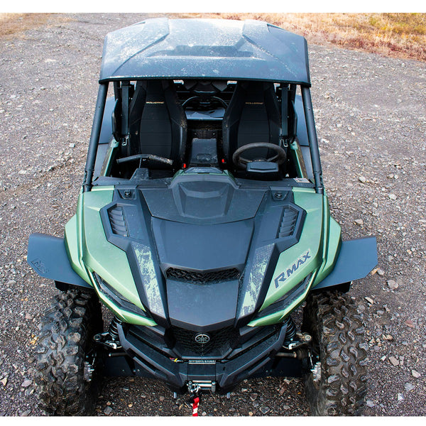 Yamaha Wolverine RMAX2 1000 Mudbusters Ultra Max Coverage front fender flares installed looking at the front of the machine.