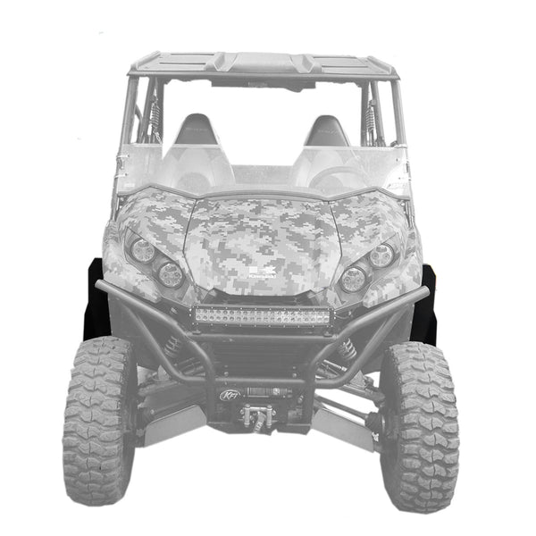 Straight on view of Kawasaki Teryx 2 Fender Flares showing the width of ultra max coverage